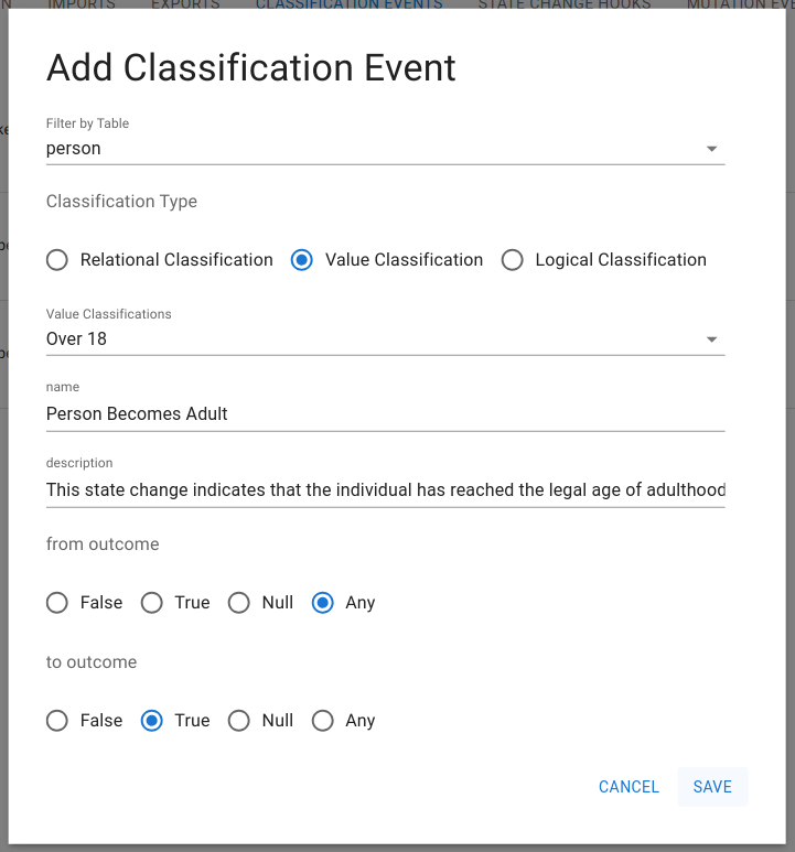 Screenshot: Classification event configuration