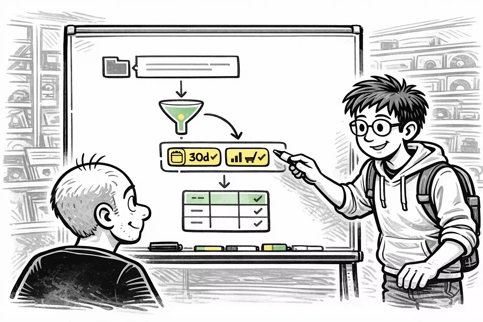 Sam explaining how an existing classification filters customers into an active segment, visualized as a funnel applying business rules before showing a refined customer list