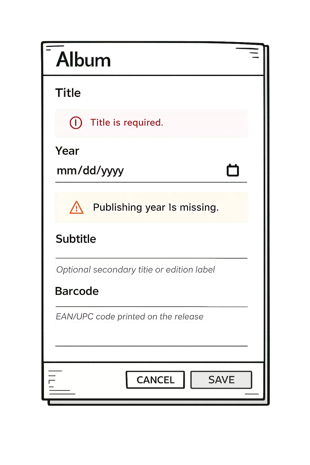 Adding a new album and seeing an error that disables saving