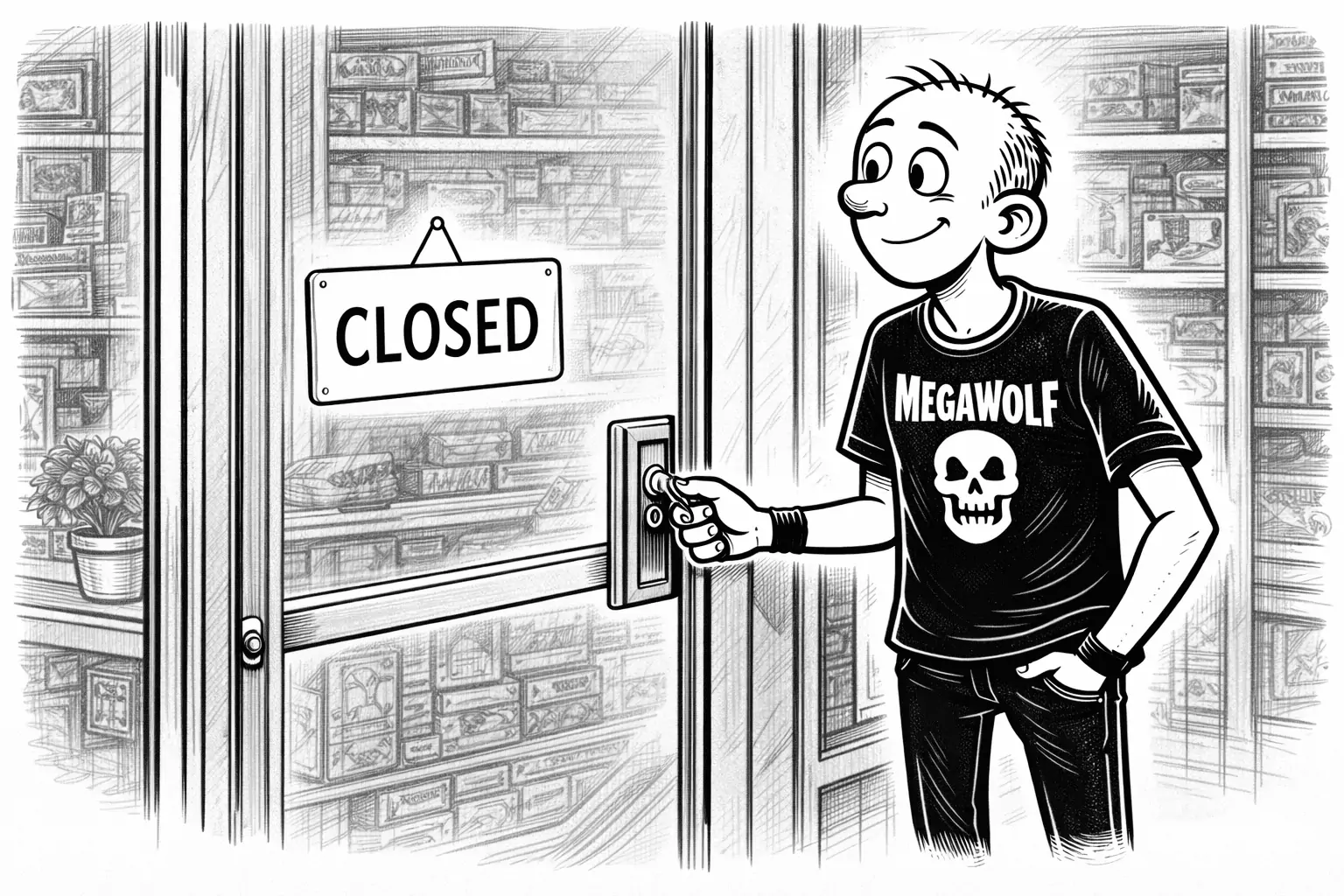 Gary locking the store door with a relaxed posture, suggesting the business can run without constant manual intervention