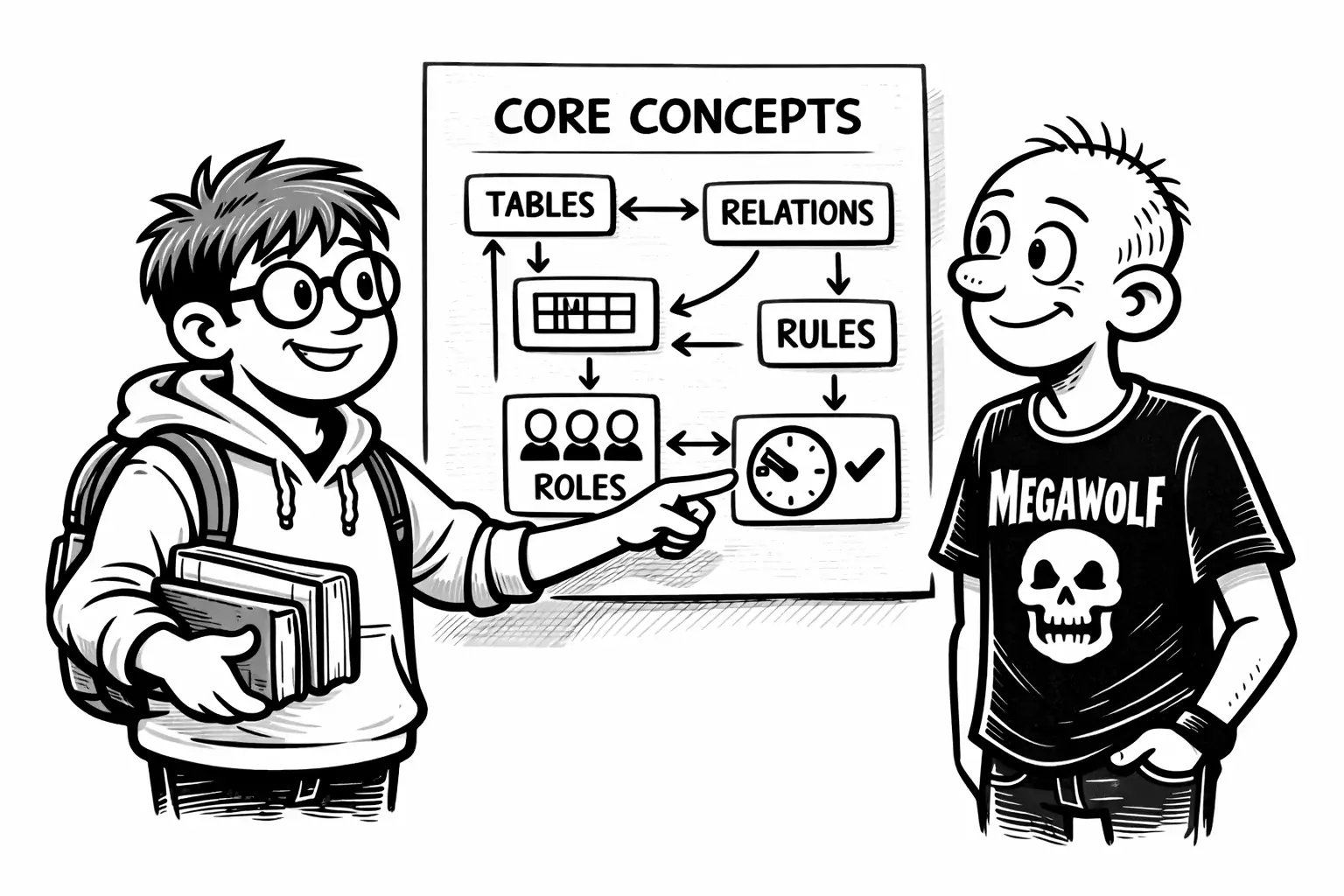 Sam pointing at a small set of core concepts—tables, relations, roles, rules, and time—drawn as a compact map that fits on one page