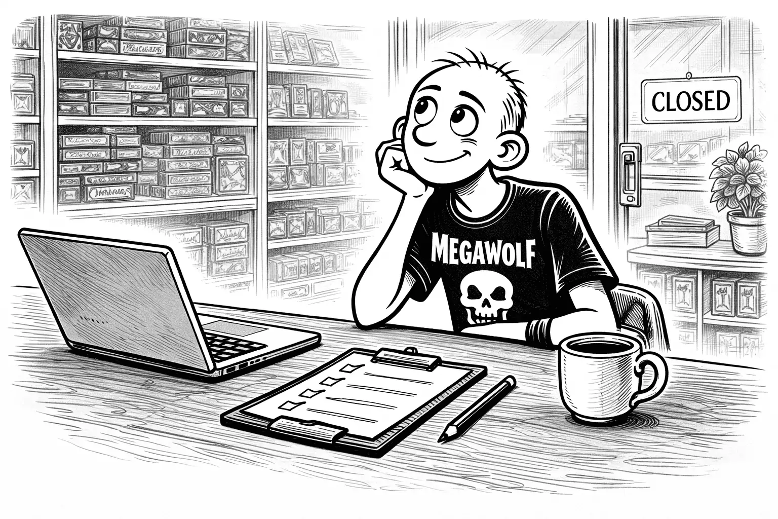 Gary sitting at the counter after closing time, looking calm and thoughtful while a simple structured checklist and a laptop hint at a system that now feels predictable