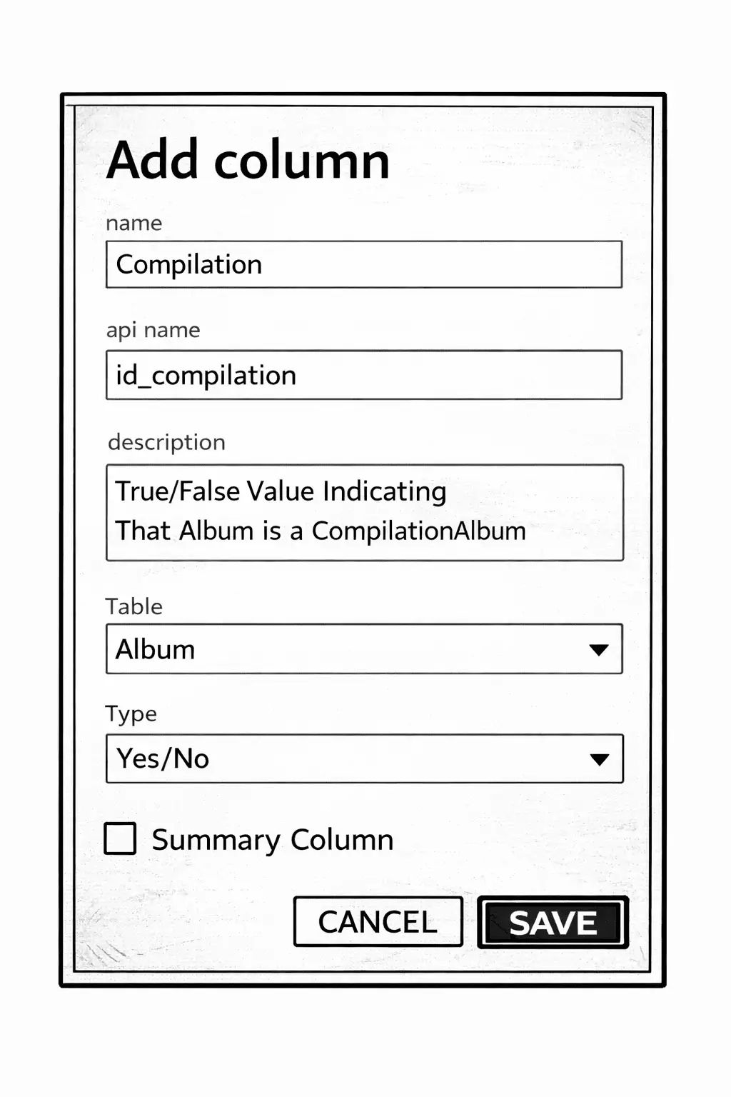 Comic-style Add Column screen for compilation flag