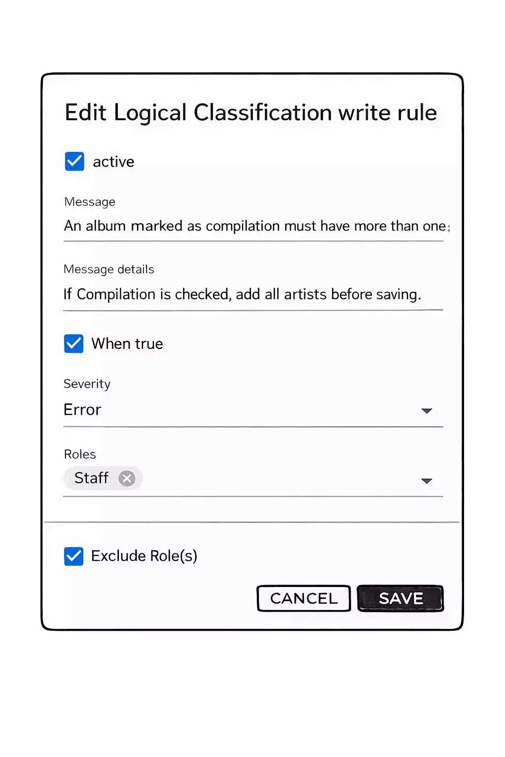 Edit logical classification write rule showing Roles set to Owner with Exclude Role(s) enabled