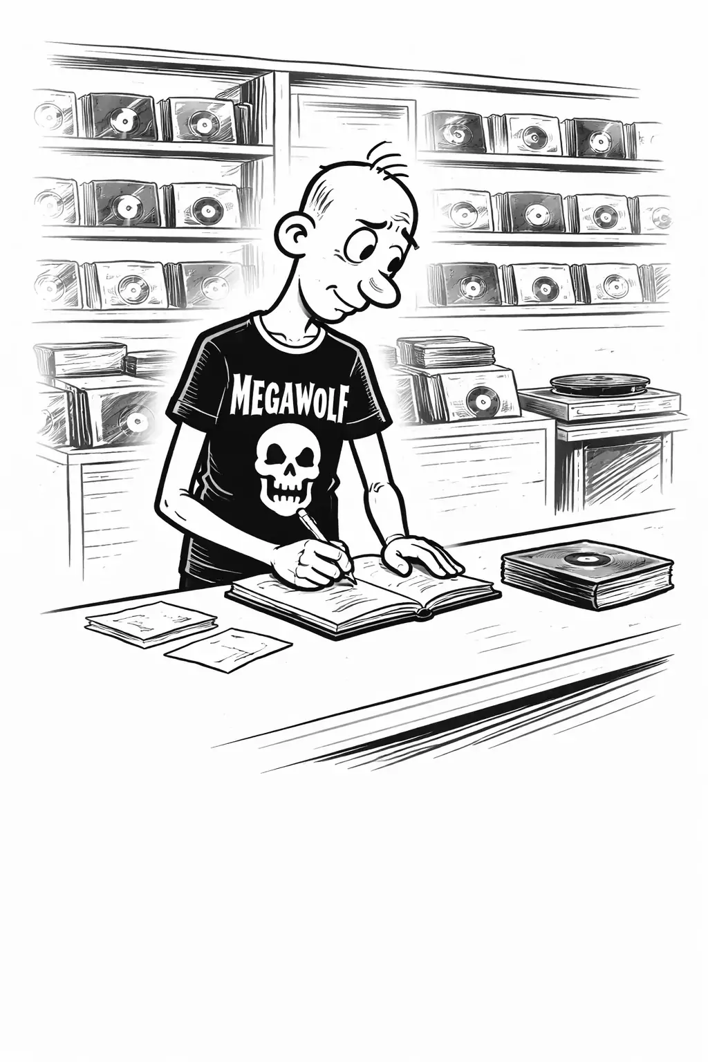 Gary working behind the counter with pen and paper