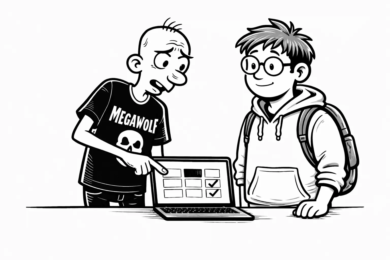 Gary pointing at a laptop while Sam listens