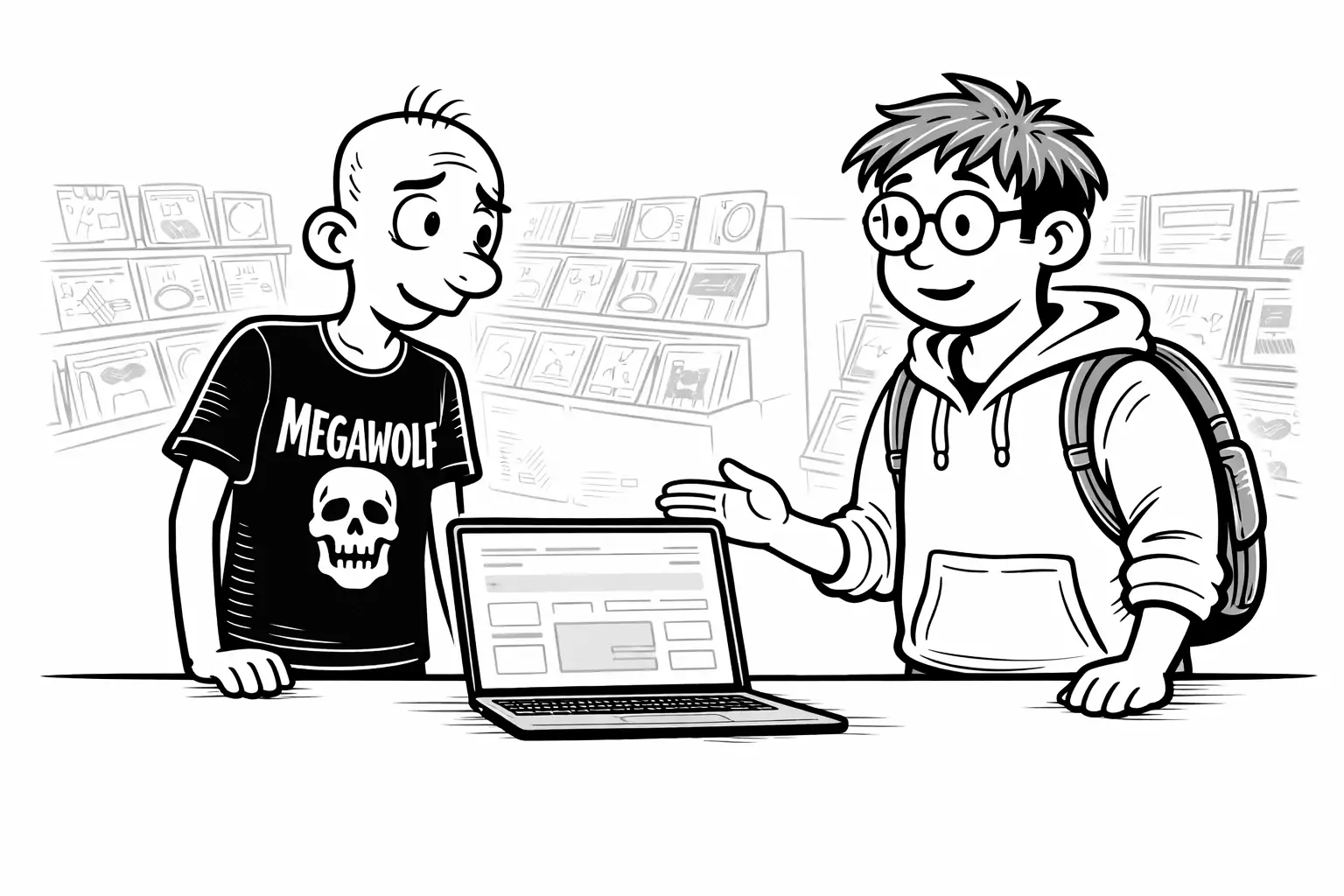 Gary and Sam standing at the counter looking at a clean, empty system screen