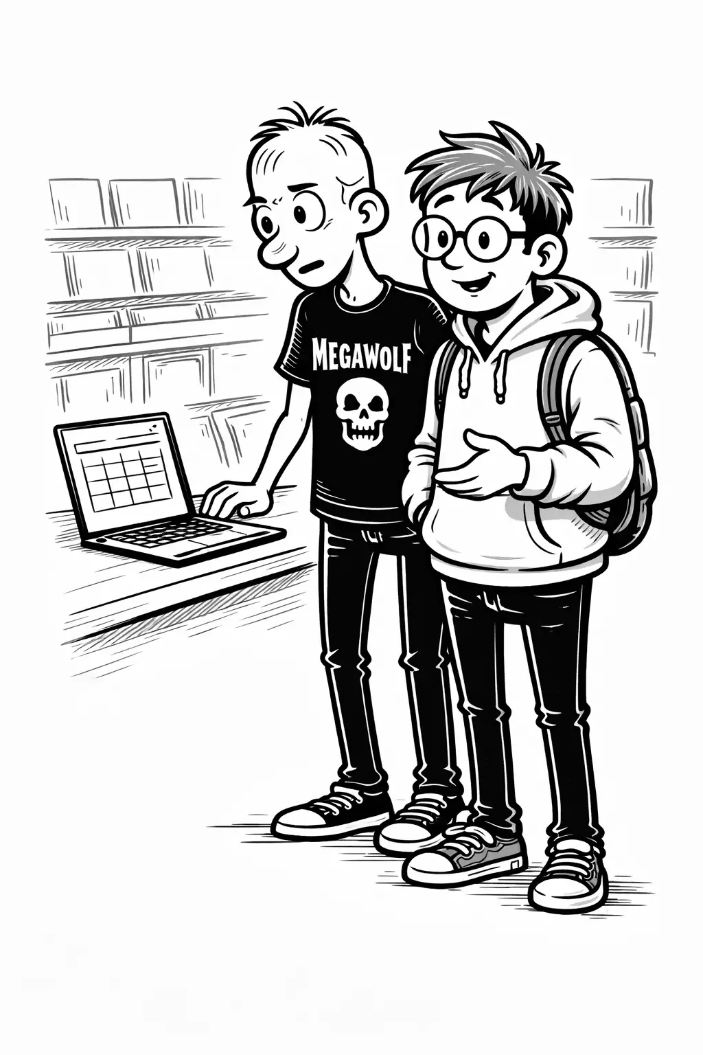 Gary and Sam looking at a laptop with a simple table