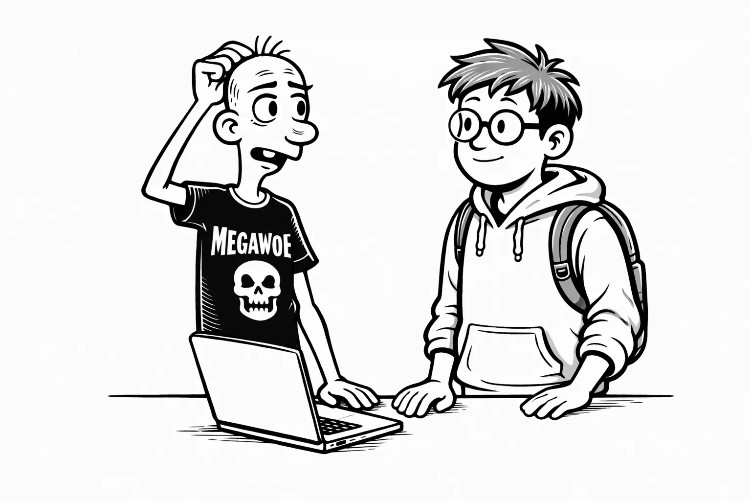 Gary and Sam talking calmly at the record store counter