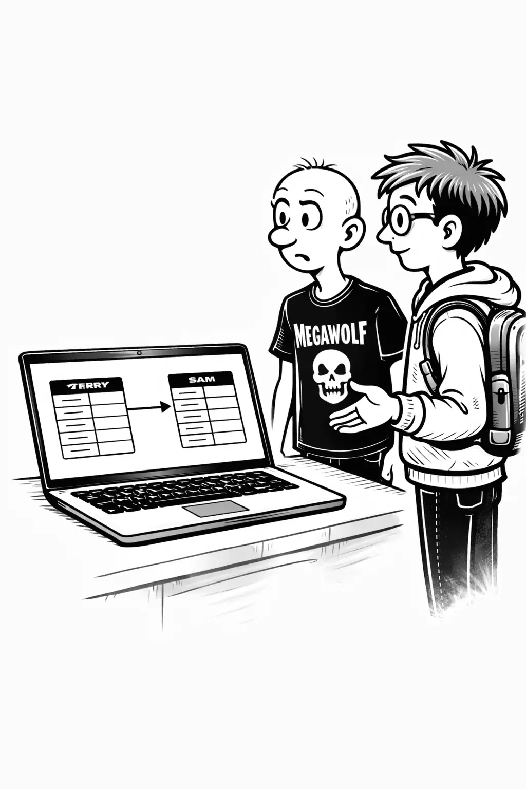 Gary and Sam looking at two separate tables on a laptop