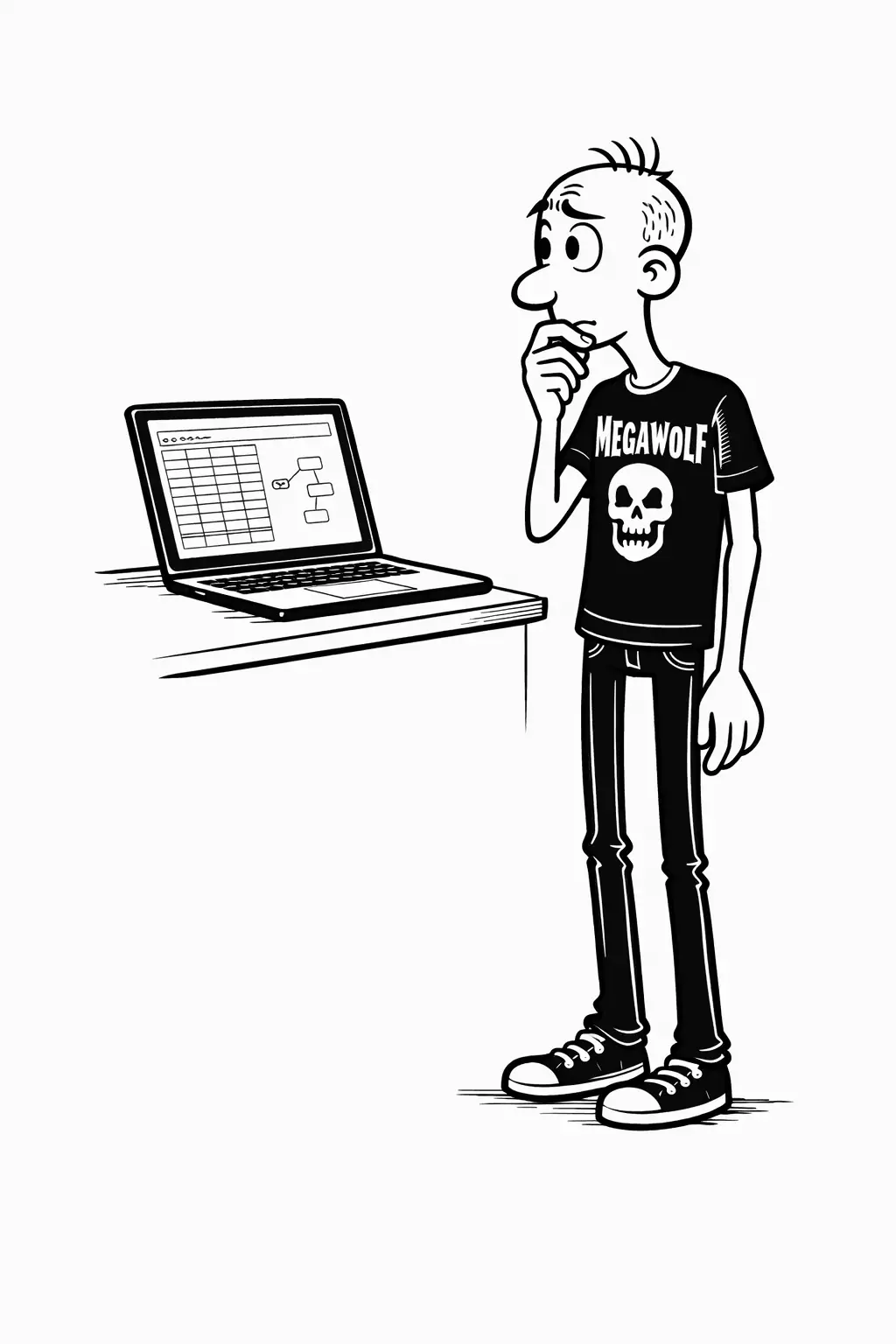 Gary pausing thoughtfully while looking at the spreadsheet