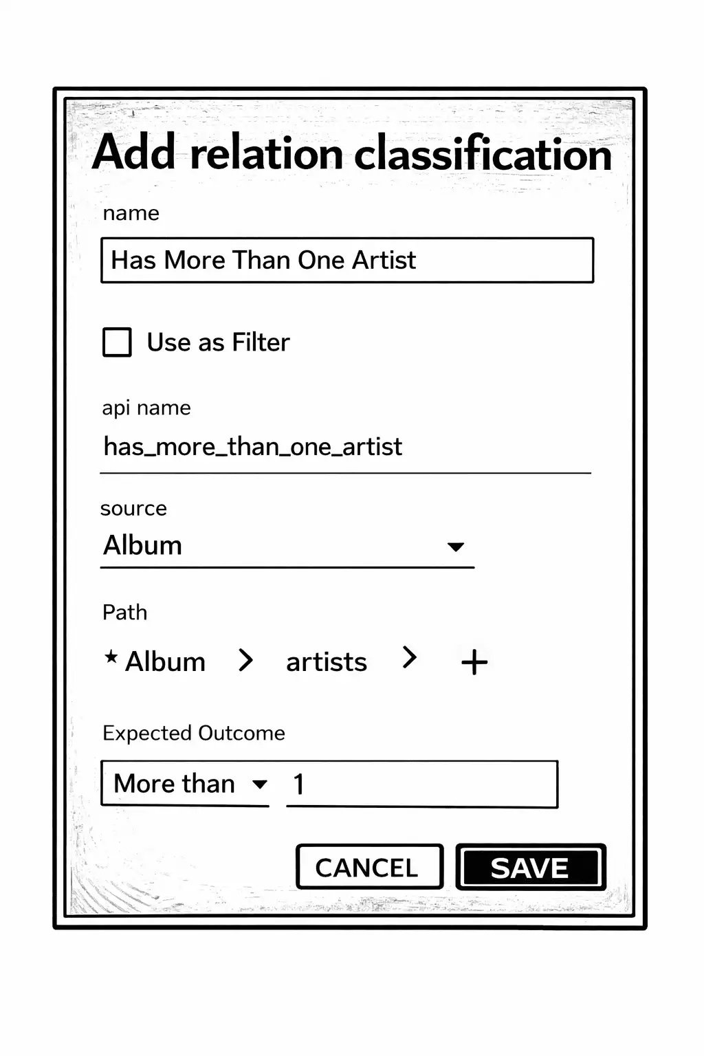 Relational classification counting number of related artists for an album