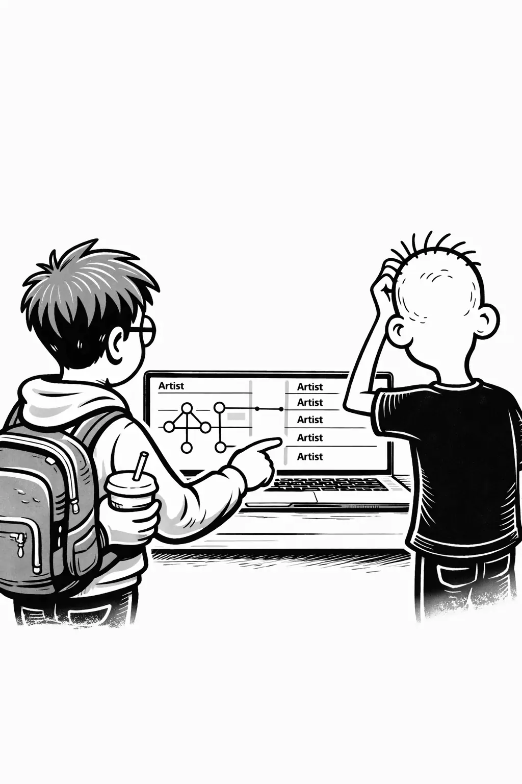 Sam pointing between record and artist tables