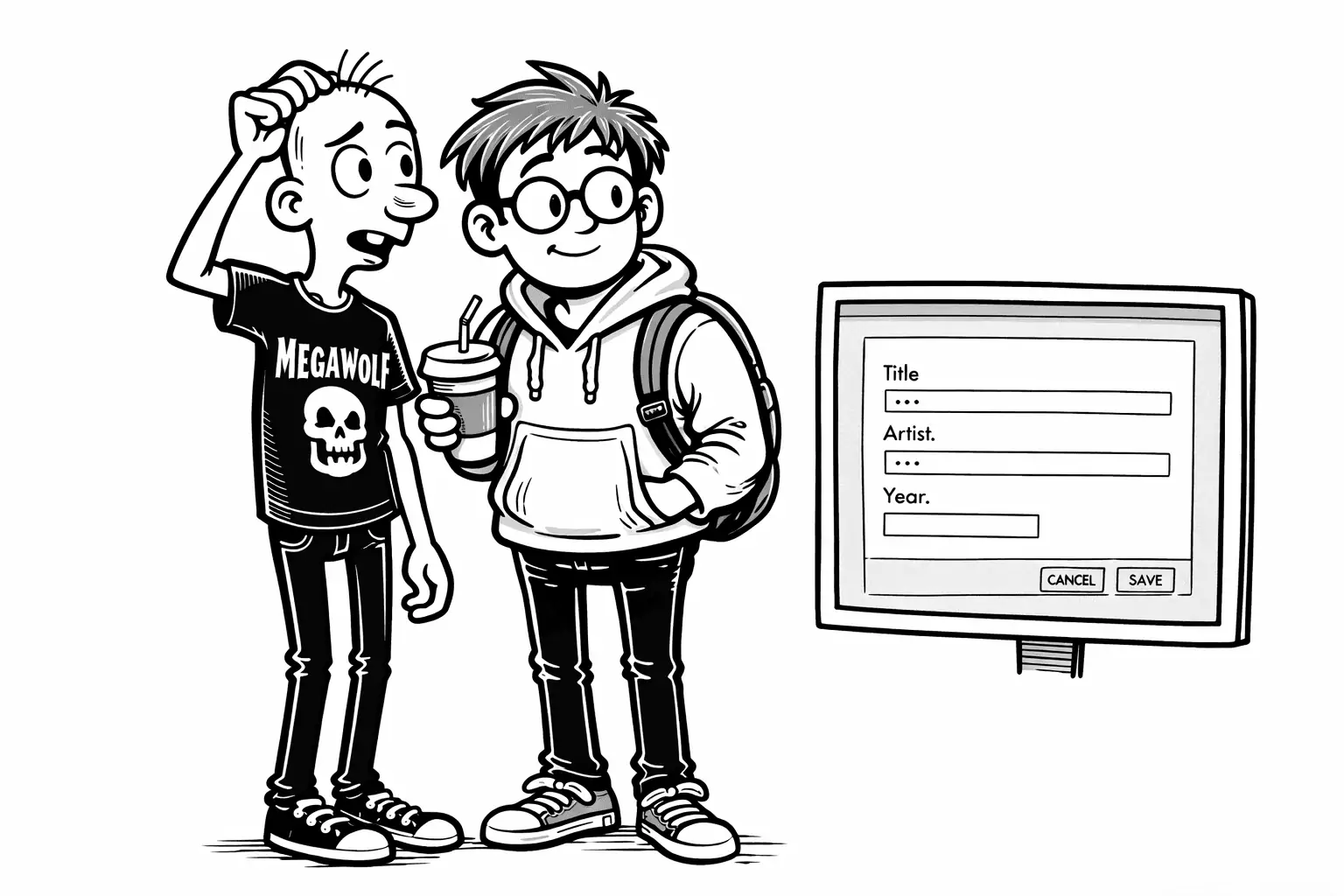 Gary and Sam discussing an album with an empty year field