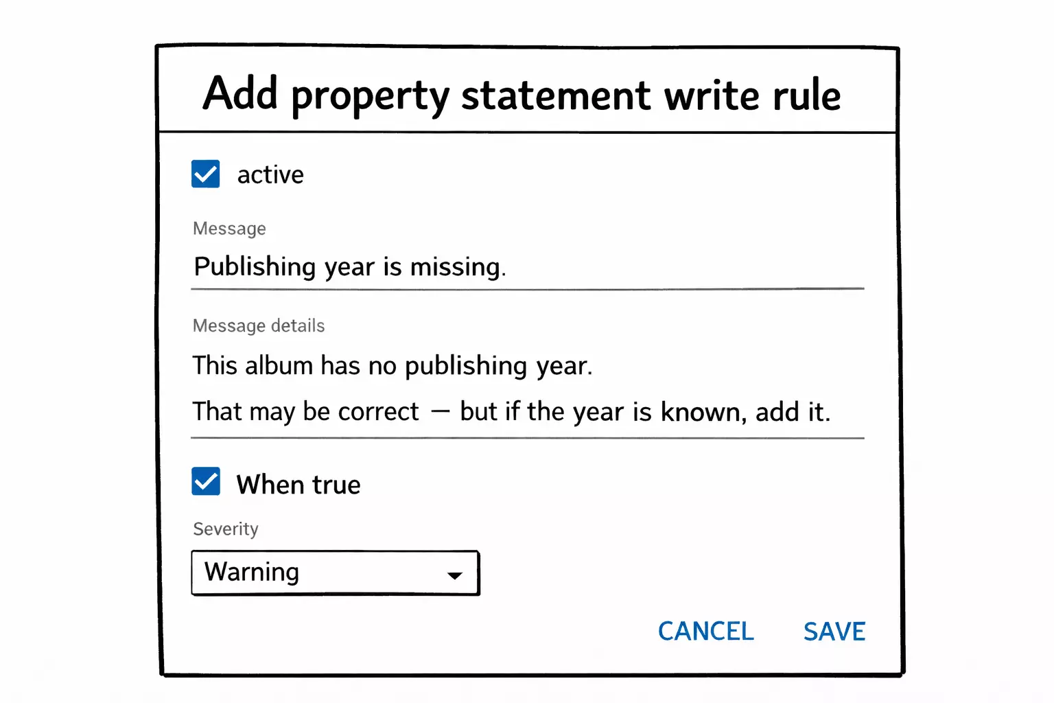 Add property statement write rule modal with warning severity selected