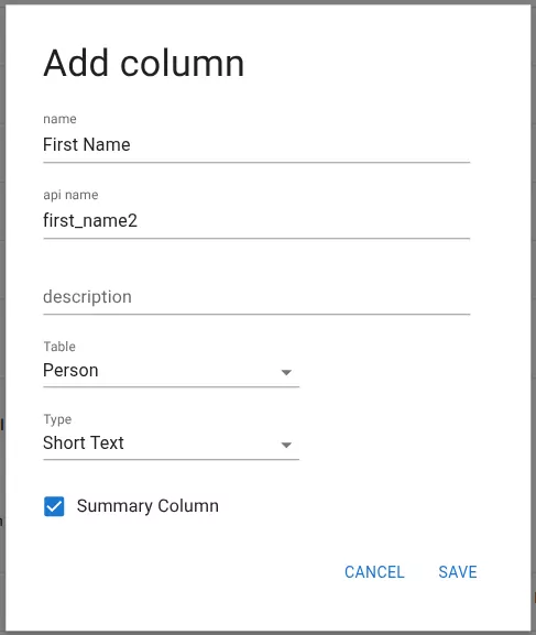 Add column dialog
