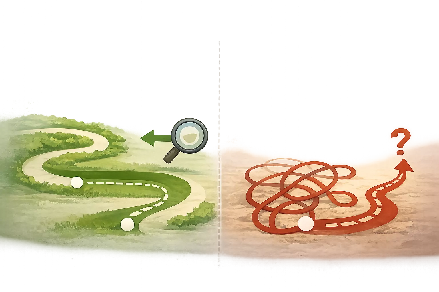 Abstract navigation paths showing ease versus difficulty in finding information