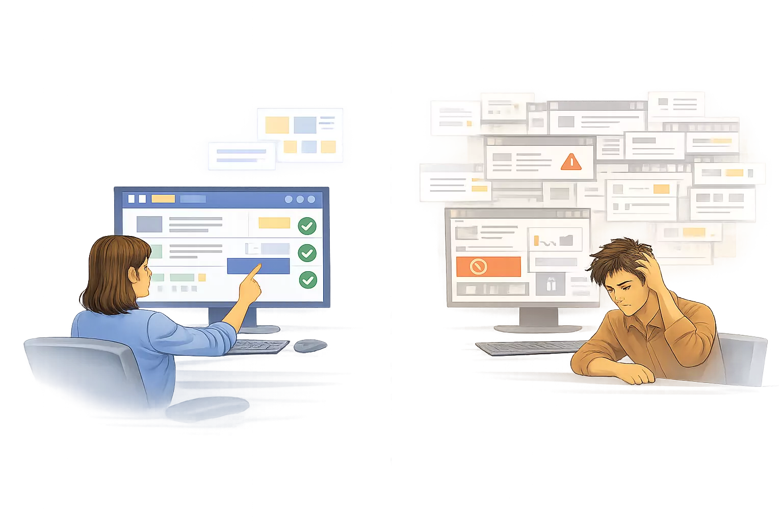Illustration showing manual repetition versus system-assisted flow