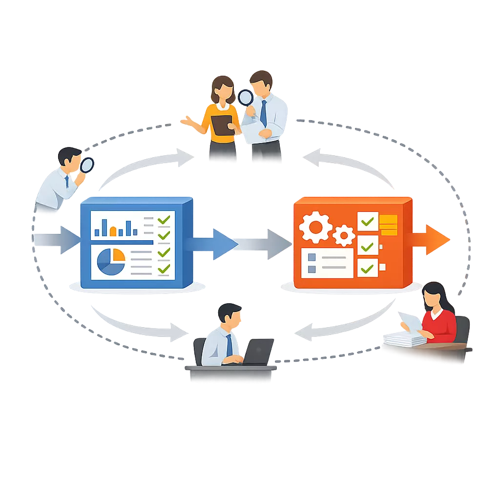 A structured system boundary with human intervention points at the edges