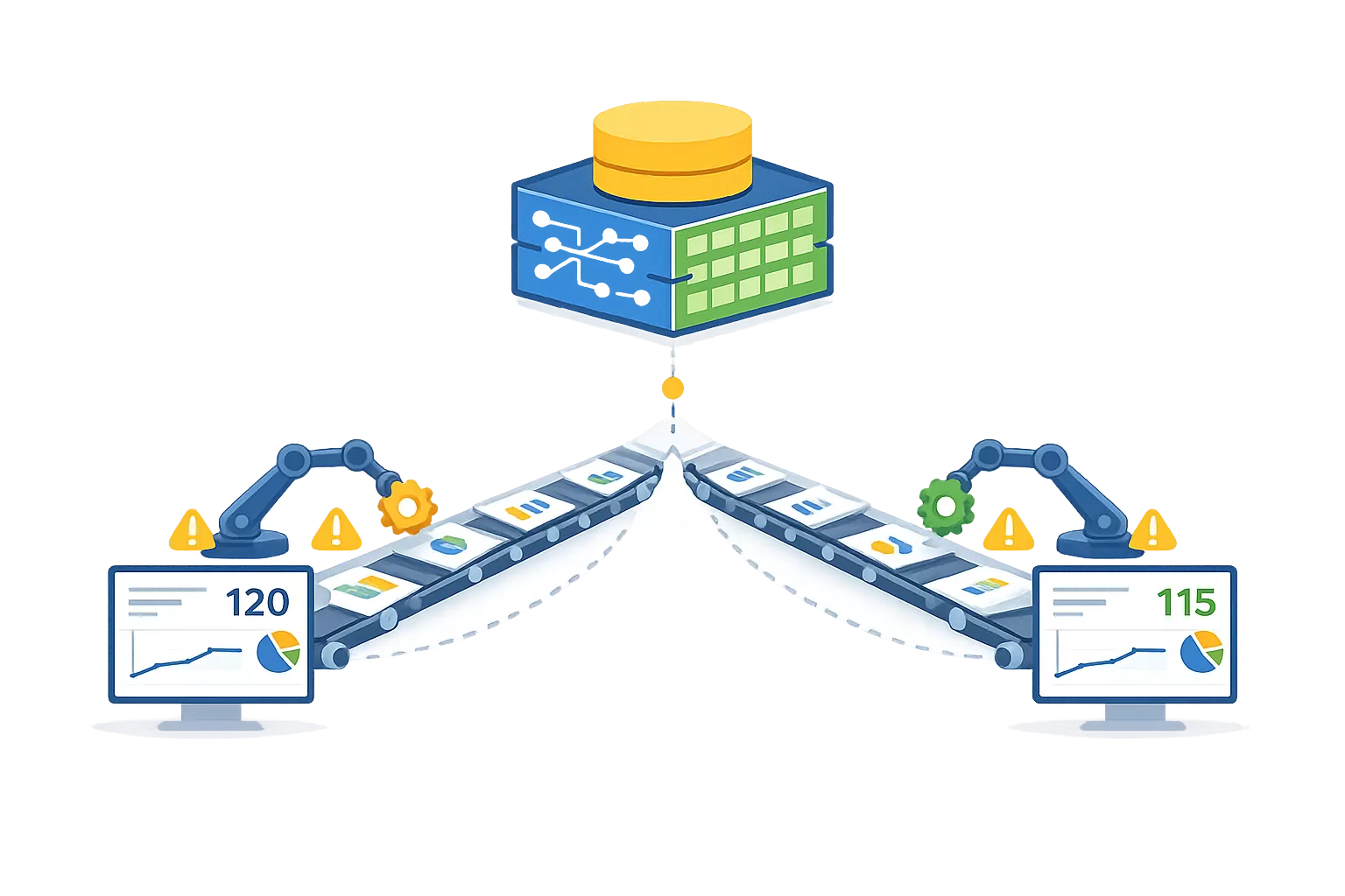 Two similar reporting pipelines diverging slightly before producing different totals