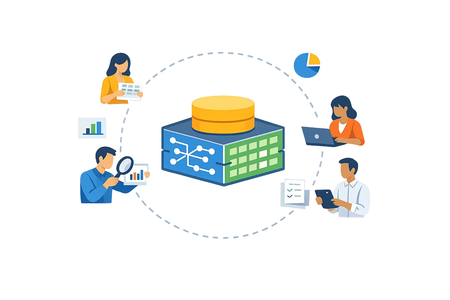 Structured system boundary with internal data elements, and external people holding separate small data fragments