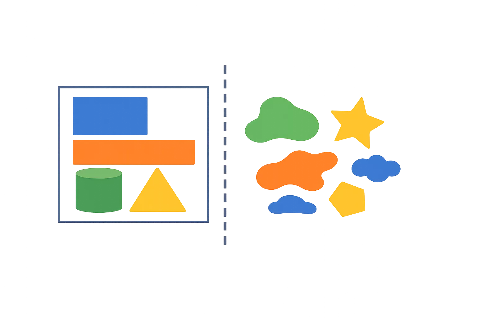 Abstract model blocks slightly misaligned with irregular real-world shapes outside them