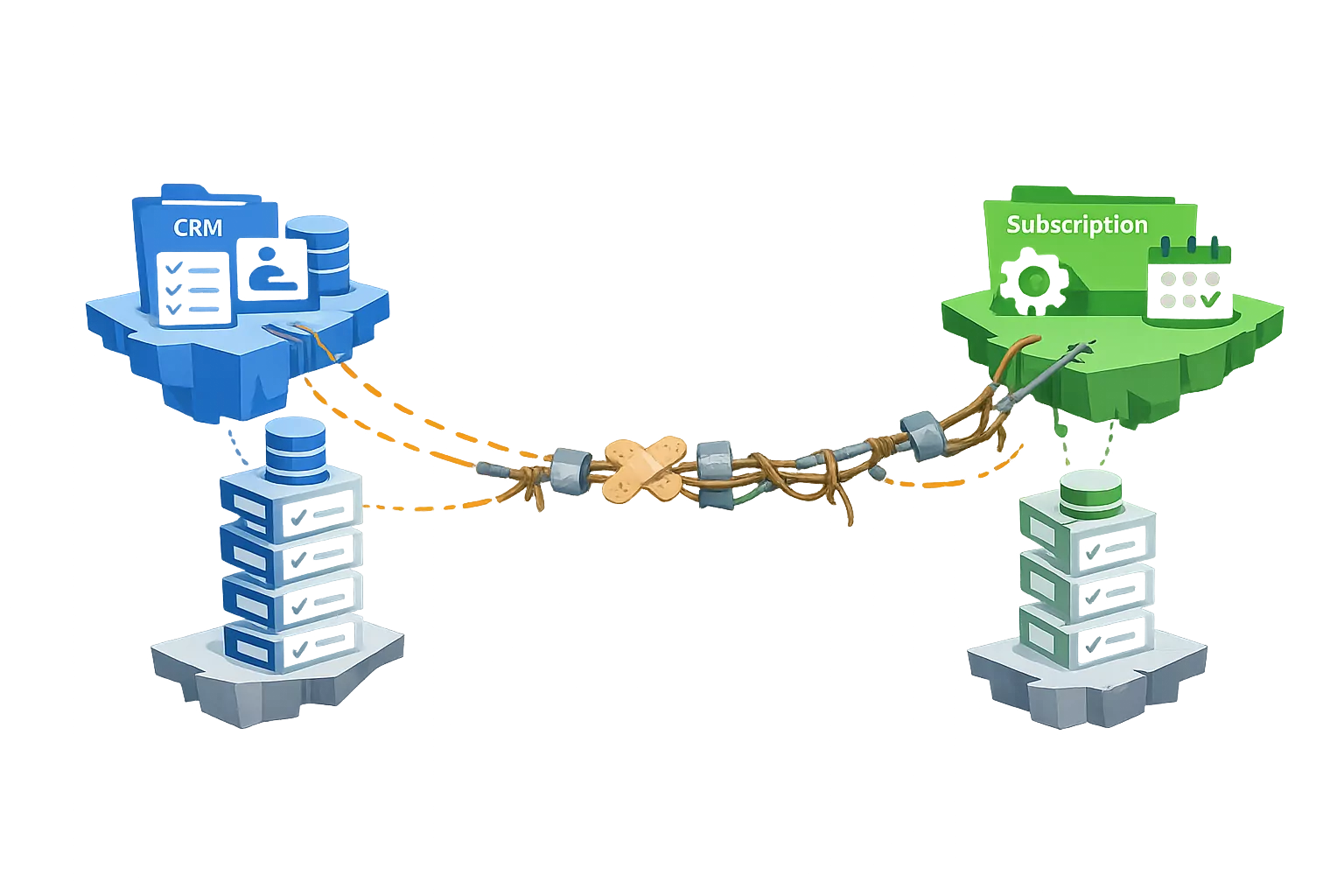 Two systems with misaligned structures connected by improvised mapping lines