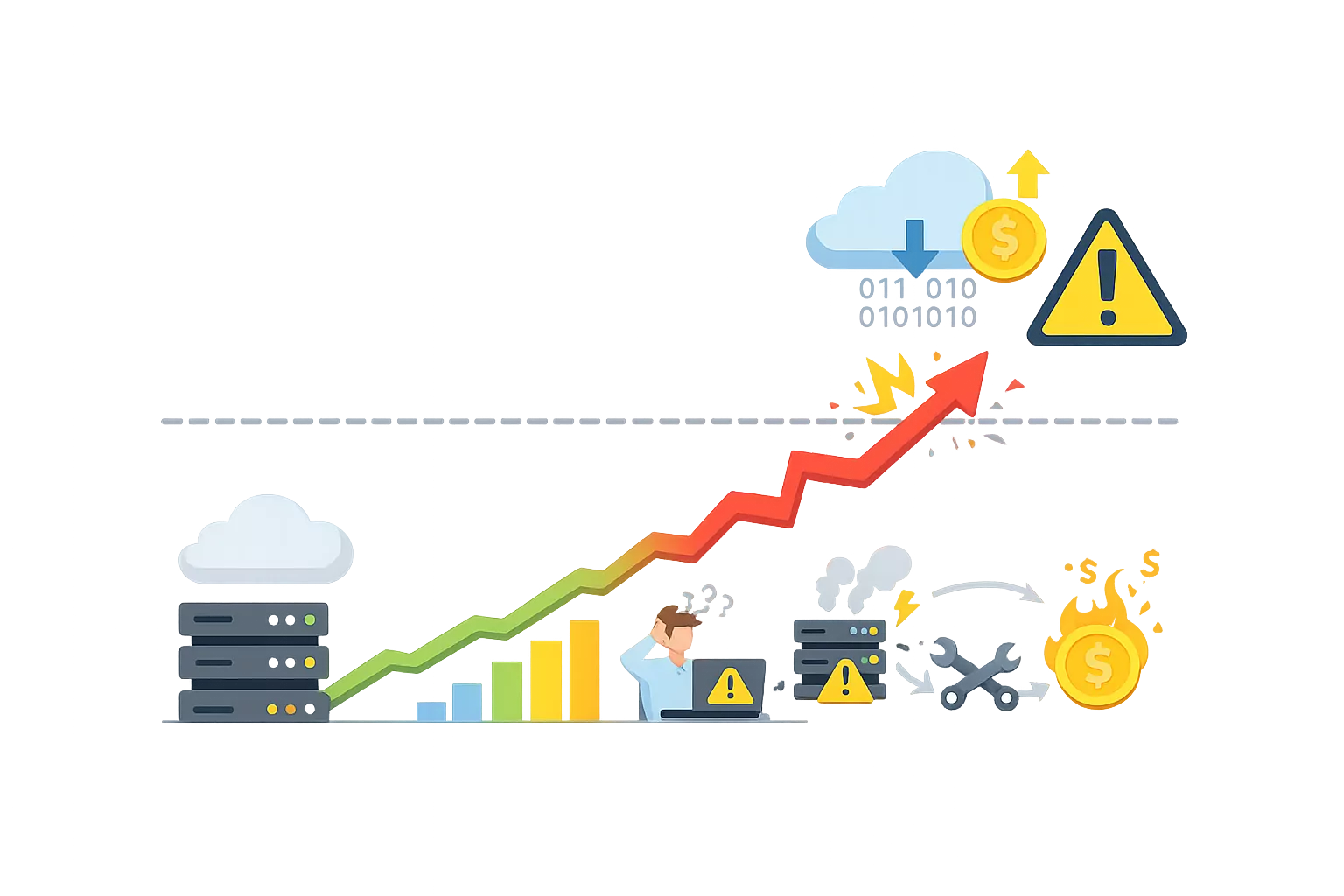 Flow showing growth leading to sudden disruption and reactive fixes