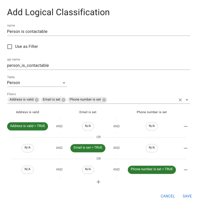 Screenshot: Logical classification combining multiple inputs