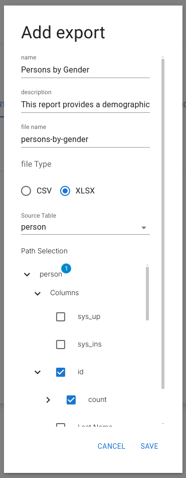 Screenshot: Export data configuration
